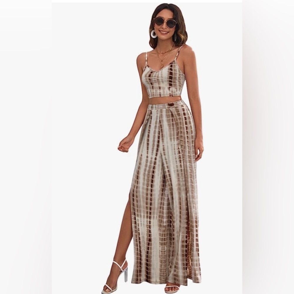 SHEIN Two Pieces Outfit Tie Dye Halter Crop Top and Criss Cross Split Pants